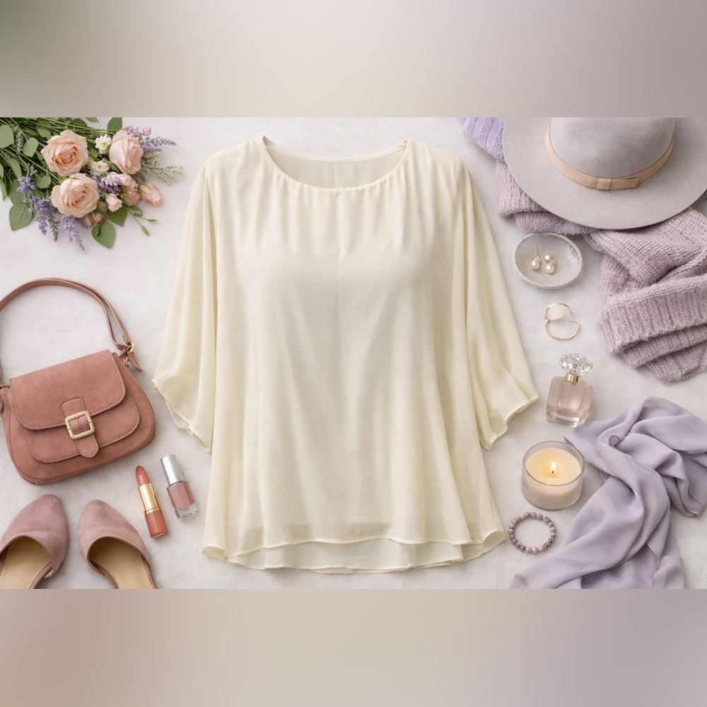 Easel Cream Flowy Scoop Neck Tunic L | Boho Chic Coastal Minimalist